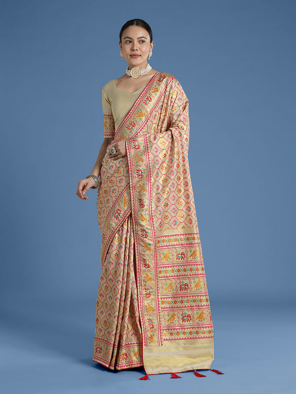 Cream Patola-Style Satin Saree with Elephant Motifs, front