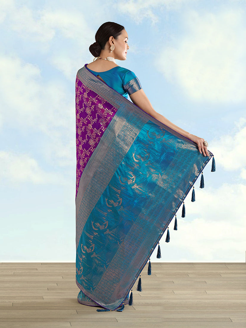 Purple Banarasi-Style Silk Blend Saree with Dancer Motif Pallu, back with pallu
