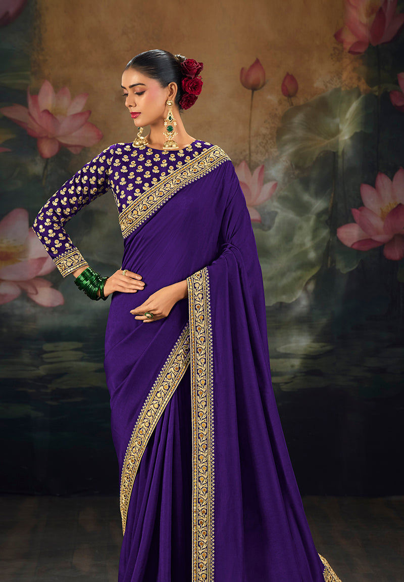 Purple Silk Blend Saree with Floral Scroll Border, side drape