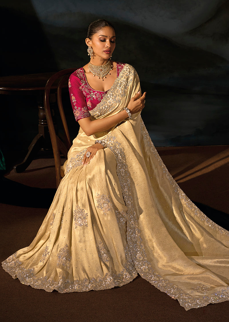 Beige Silk Blend Saree with Scattered Floral Motifs, side drape