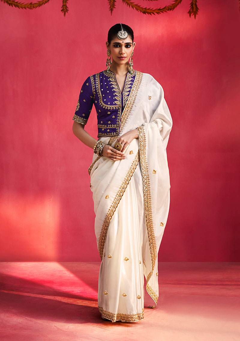 White Silk Blend Saree with Purple Blouse, front