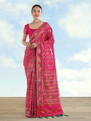 Rani Pink Patola-Style Satin Saree with Elephant Motifs