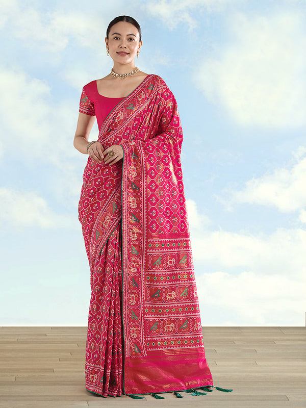 Rani Pink Patola-Style Satin Saree with Elephant Motifs, front