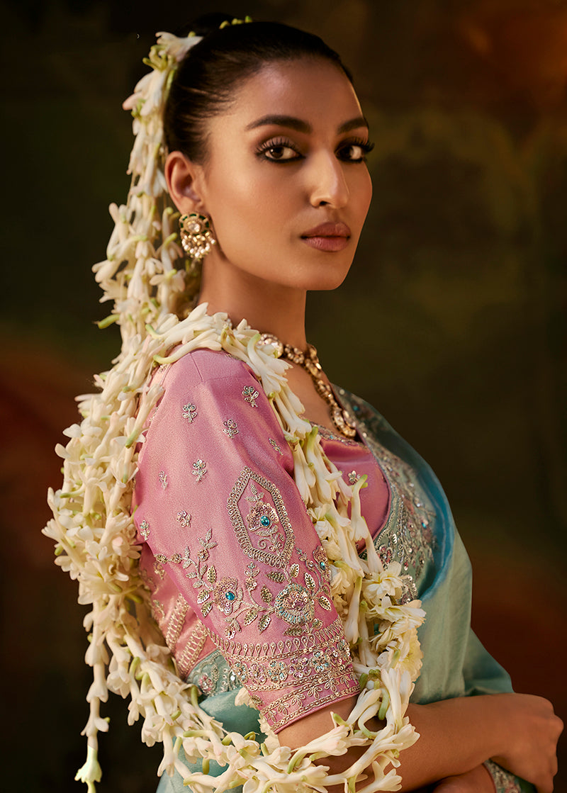Sky Blue Faux Tissue Saree with Embroidered Scalloped Border, blouse front