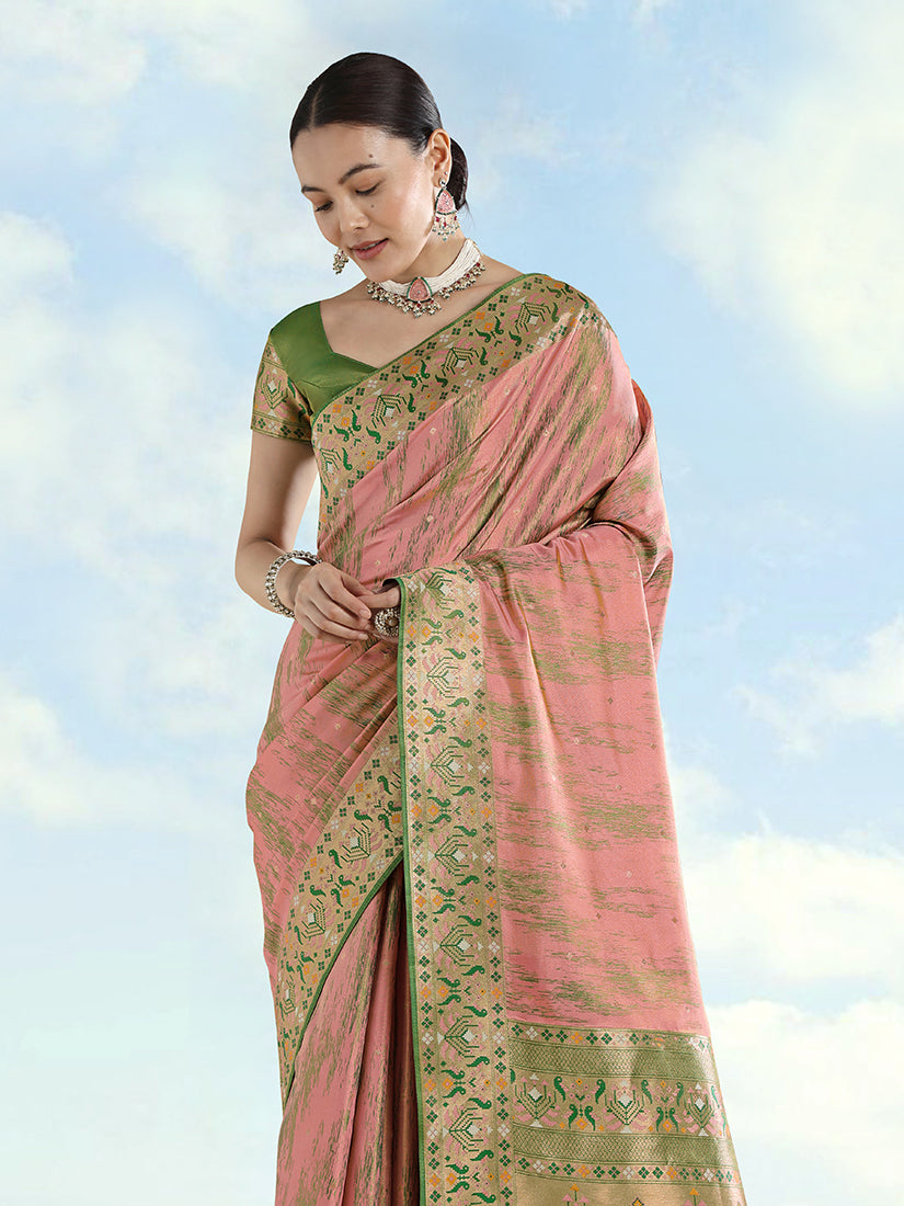 Light Pink Paithani-Style Tissue Silk Saree with Contrast Border, three-quarter view