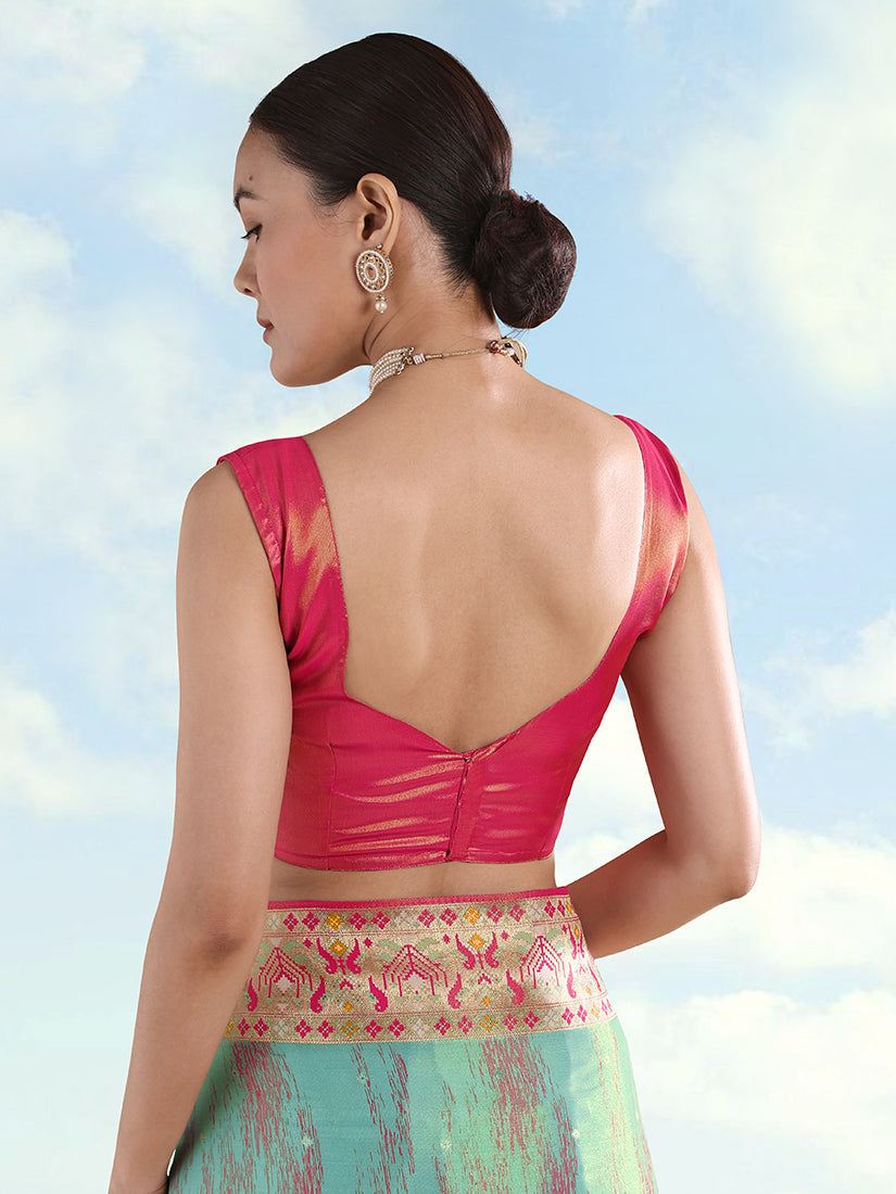 Sky Blue Paithani-Style Tissue Silk Saree with Contrast Border, blouse back