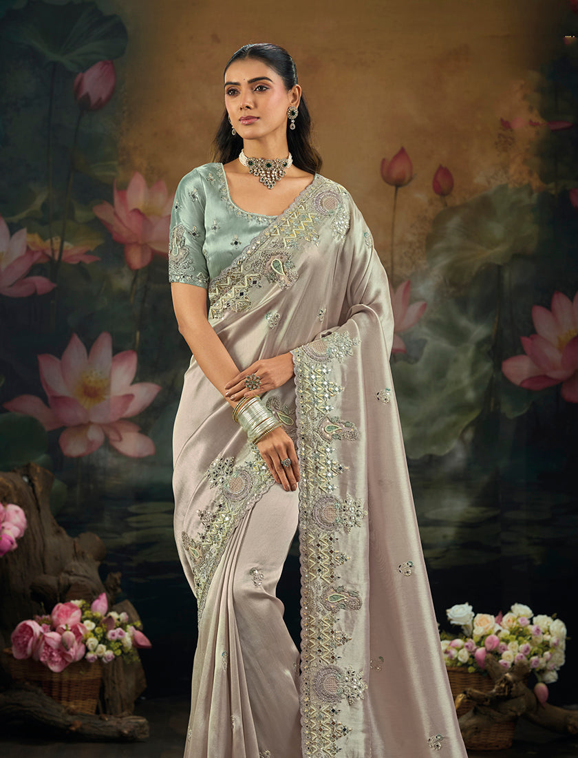 Gray Silk Blend Saree with Embroidered Sequin Border, side drape
