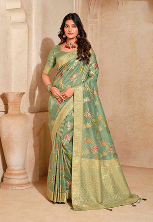 Sea Green Silk Blend Saree with Woven Zari Motifs