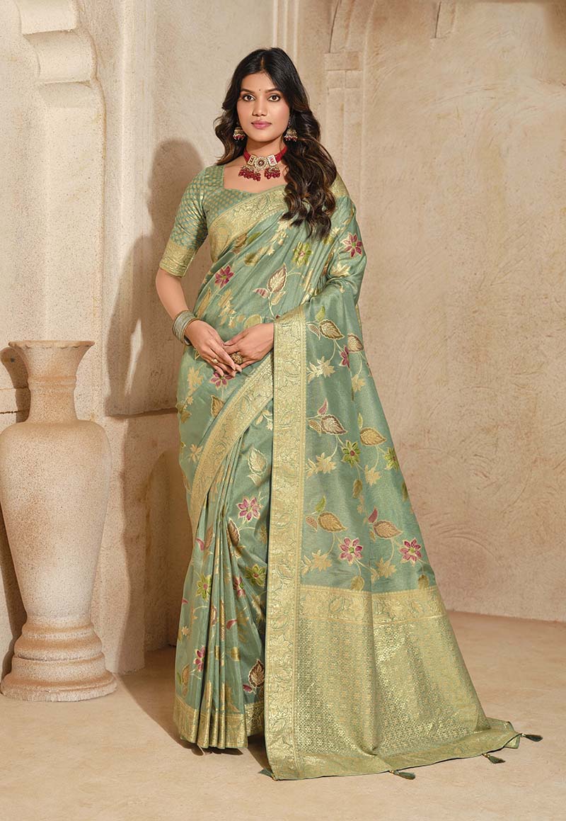 Sea Green Silk Blend Saree with Woven Zari Motifs, front
