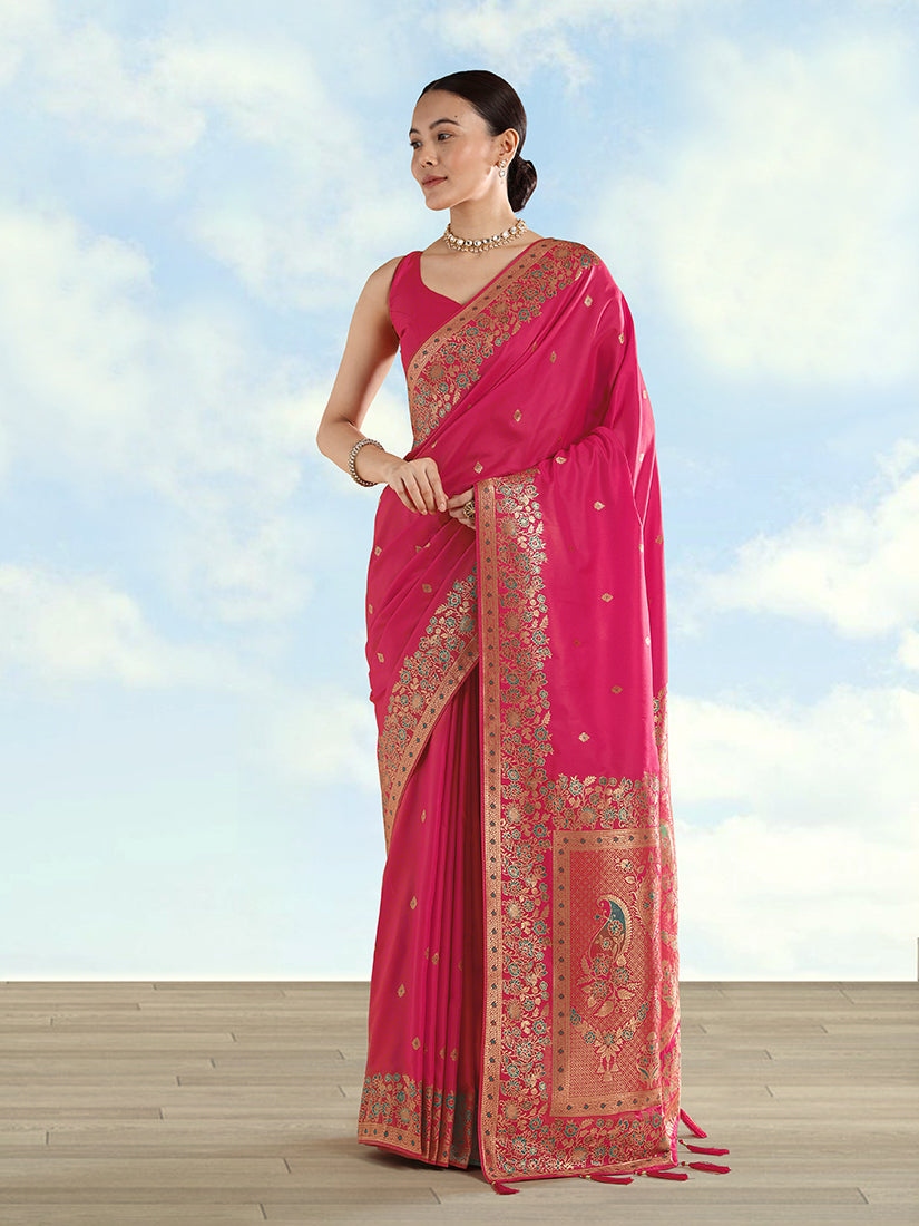 Rani Pink Banarasi-Style Satin Saree with Peacock Pallu, front drape