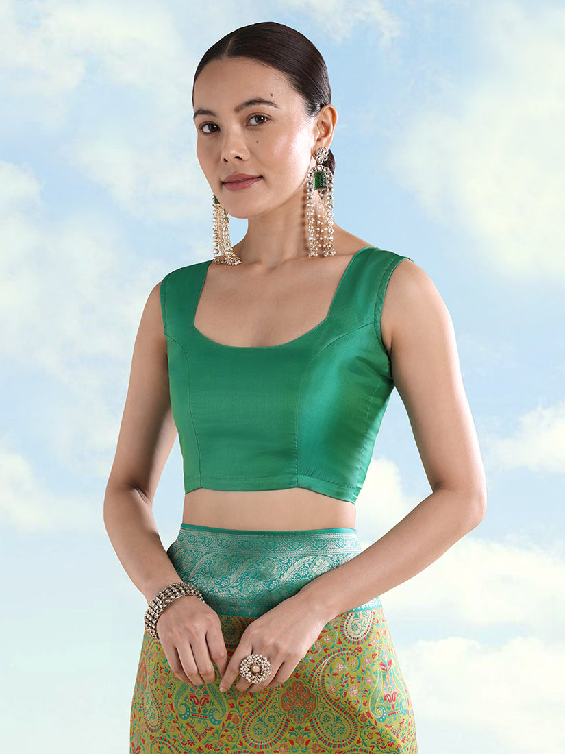 Lemon Green Banarasi-Style Silk Blend Saree with Paisley Weave, blouse front