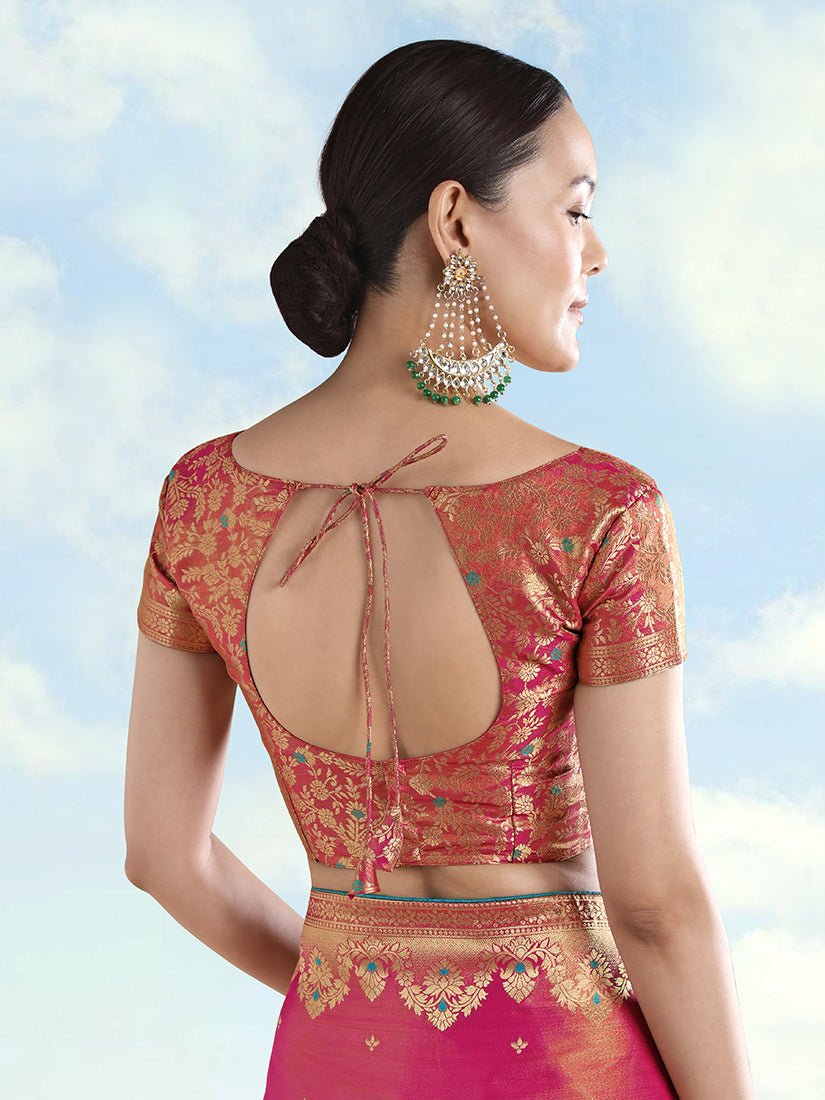 Red Tissue Silk Saree with Zari Paisley Pallu, blouse back