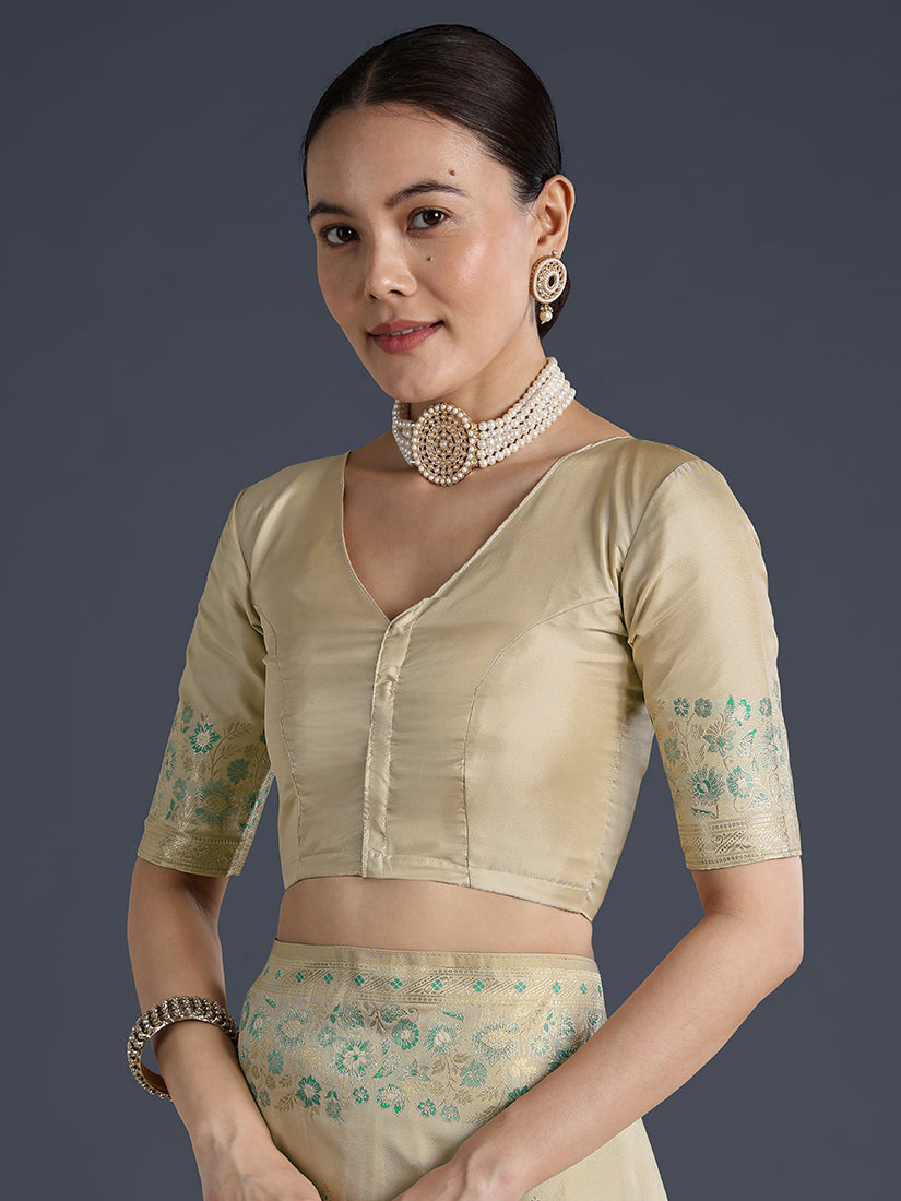 Cream Banarasi-Style Satin Saree with Peacock Pallu, blouse front