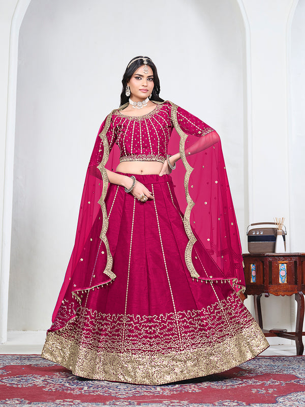 Rani Pink Art Silk Embroidered Lehenga Choli, front