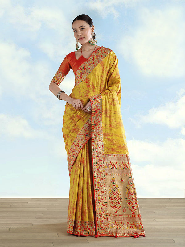 Mustard Paithani-Style Tissue Silk Saree with Contrast Border, front