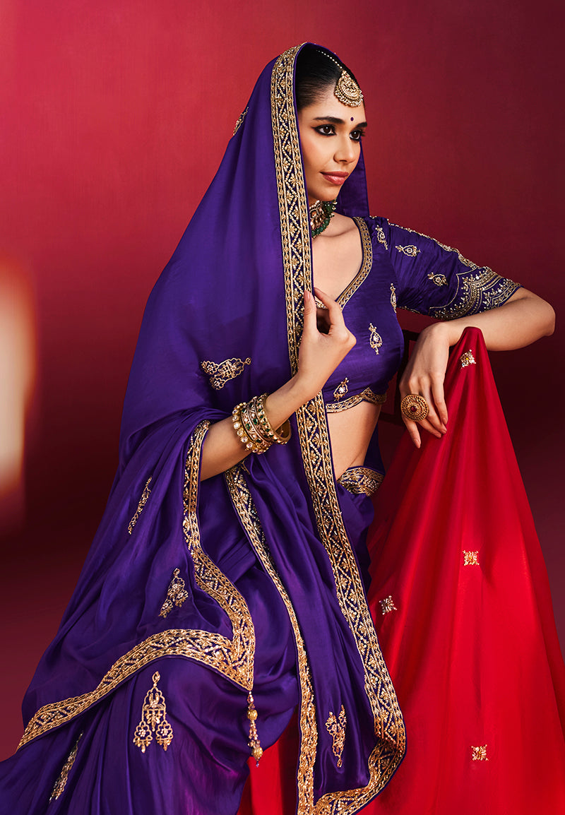 Purple Silk Blend Saree with Embroidered Blouse, pallu drape