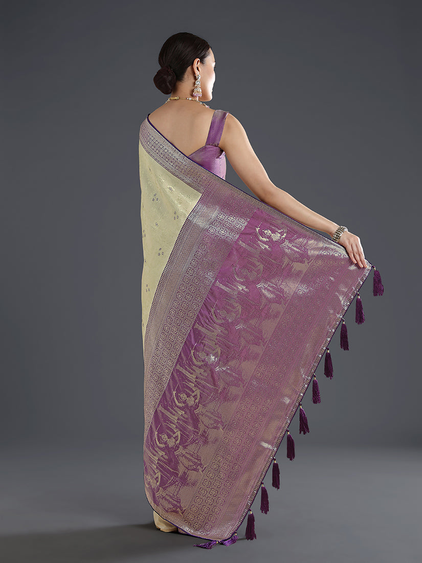 Cream Banarasi-Style Silk Blend Saree with Dancer Motif Pallu, back with pallu