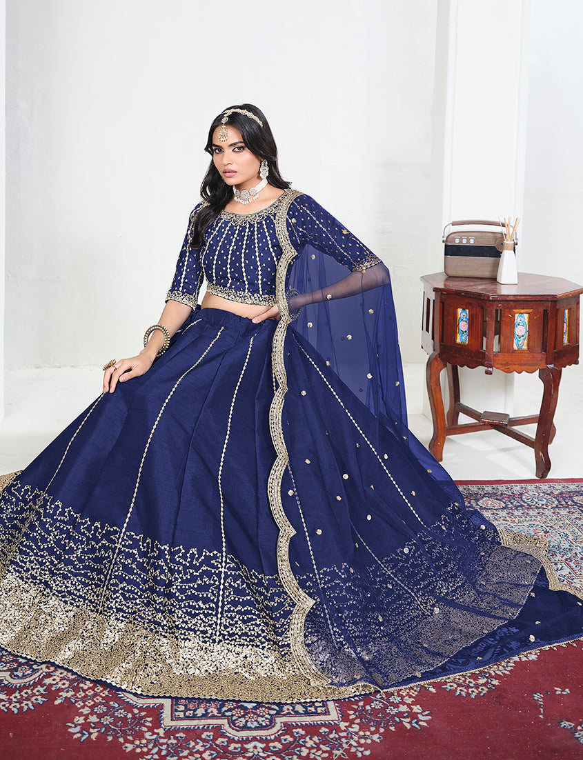 Navy Blue Art Silk Embroidered Lehenga Choli, seated view