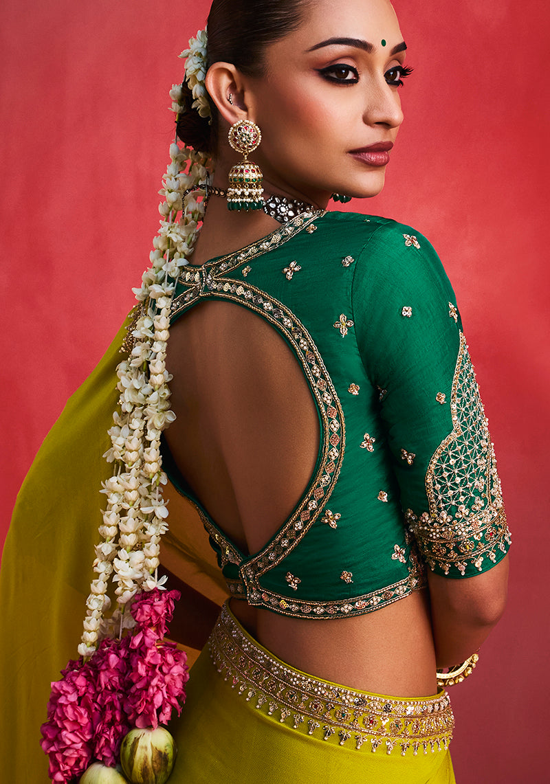 Lime Green Silk Blend Saree with Dark Green Blouse, blouse back