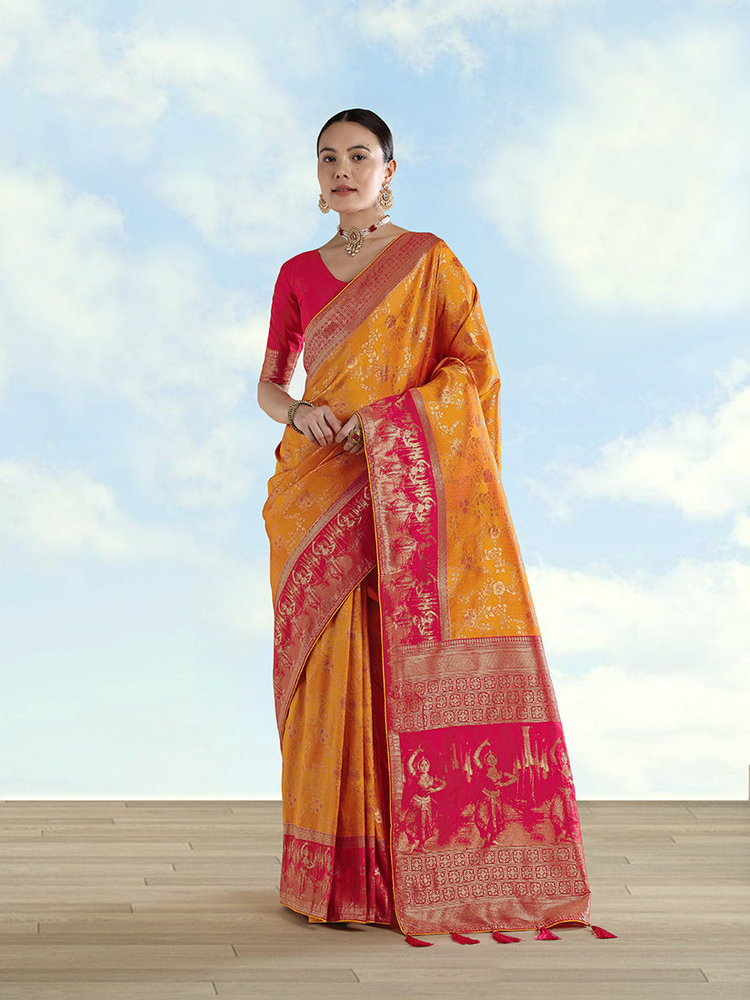 Orange Banarasi-Style Silk Blend Saree with Dancer Motif Pallu, front drape