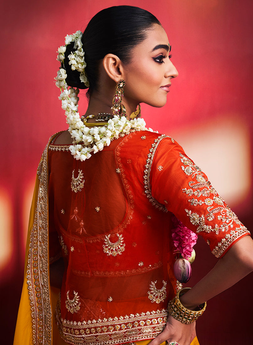 Mustard Yellow Silk Blend Saree with Red Blouse, blouse back