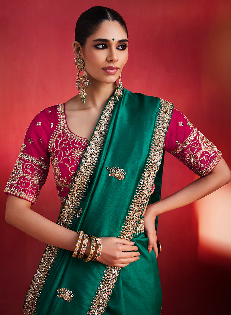 Bottle Green Silk Blend Saree with Rani Pink Blouse, three-quarter view