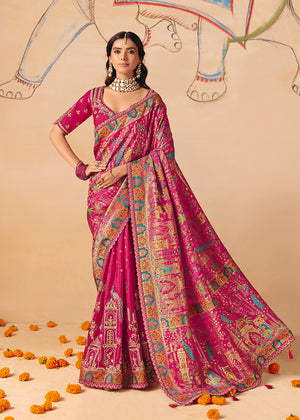 Rani Pink Silk Blend Saree with Multicolor Thread Work Pallu