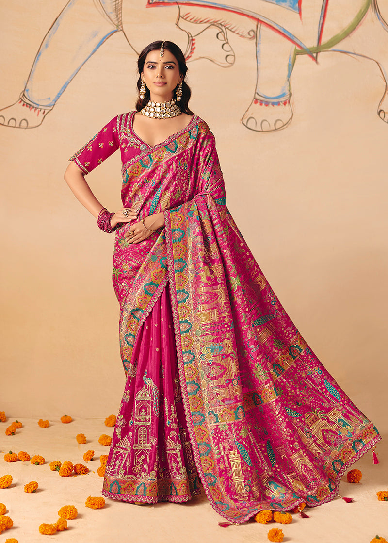 Rani Pink Silk Blend Saree with Multicolor Thread Work Pallu, front