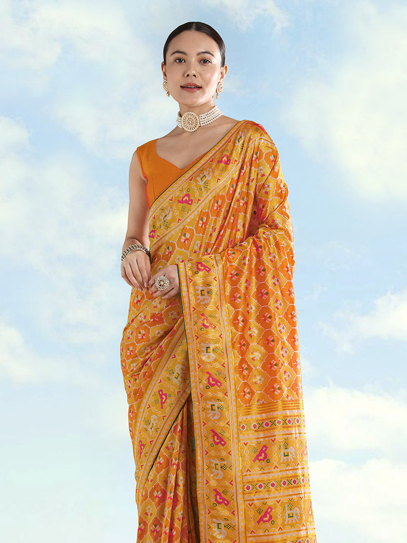 Mustard Patola-Style Satin Saree with Elephant Motifs, three-quarter view