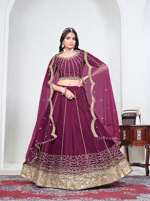 Wine Art Silk Embroidered Lehenga Choli