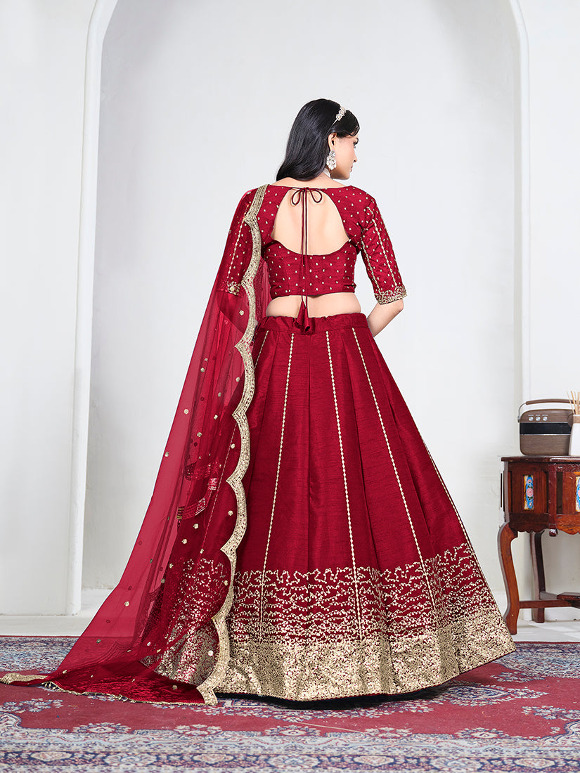 Red Art Silk Embroidered Lehenga Choli, back