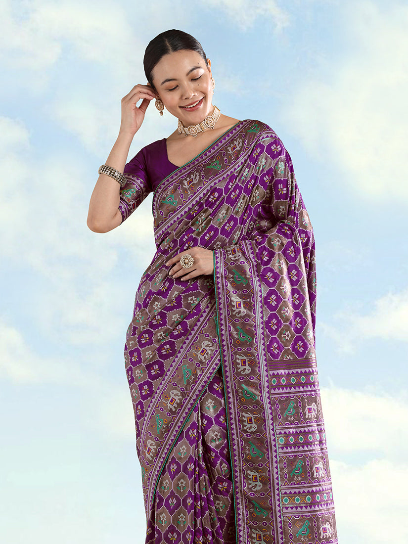 Purple Patola-Style Satin Saree with Elephant Motifs, three-quarter view