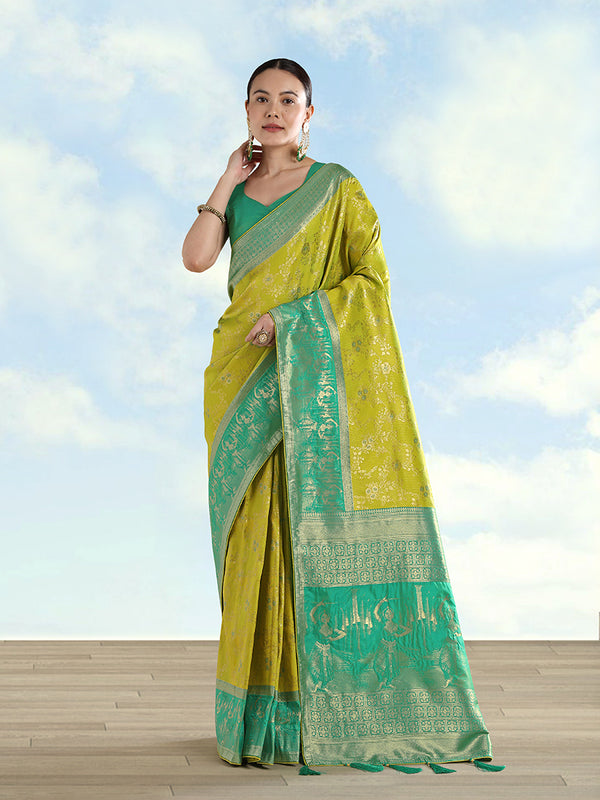 Parrot Green Banarasi-Style Silk Blend Saree with Dancer Motif Pallu, front