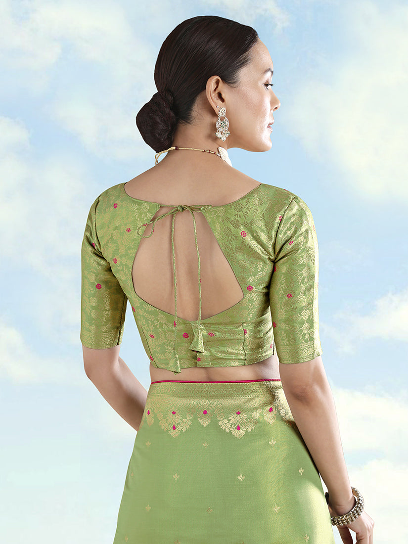 Parrot Green Tissue Silk Saree with Zari Paisley Pallu, blouse back
