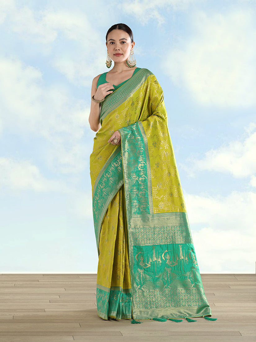 Parrot Green Banarasi-Style Silk Blend Saree with Dancer Motif Pallu, front drape