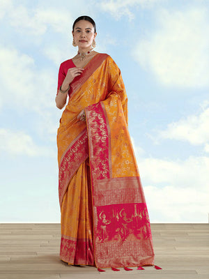 Orange Banarasi-Style Silk Blend Saree with Dancer Motif Pallu