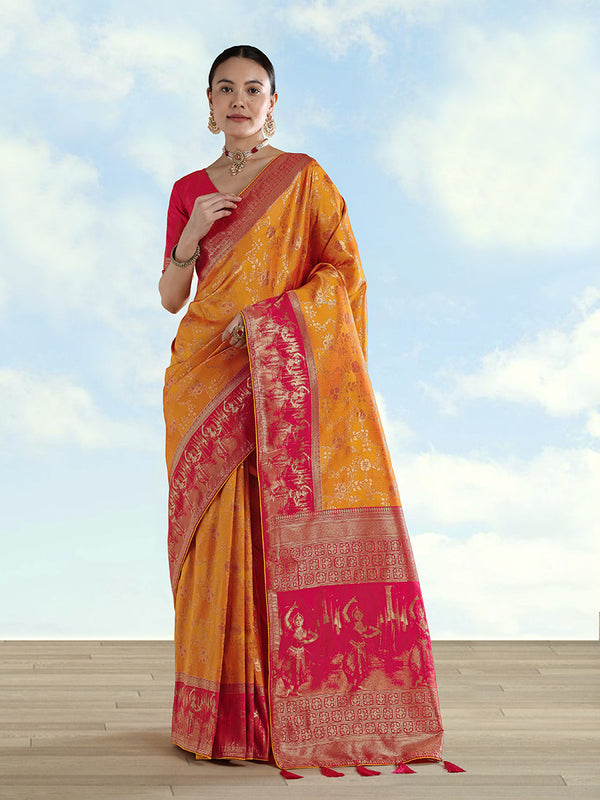 Orange Banarasi-Style Silk Blend Saree with Dancer Motif Pallu, front