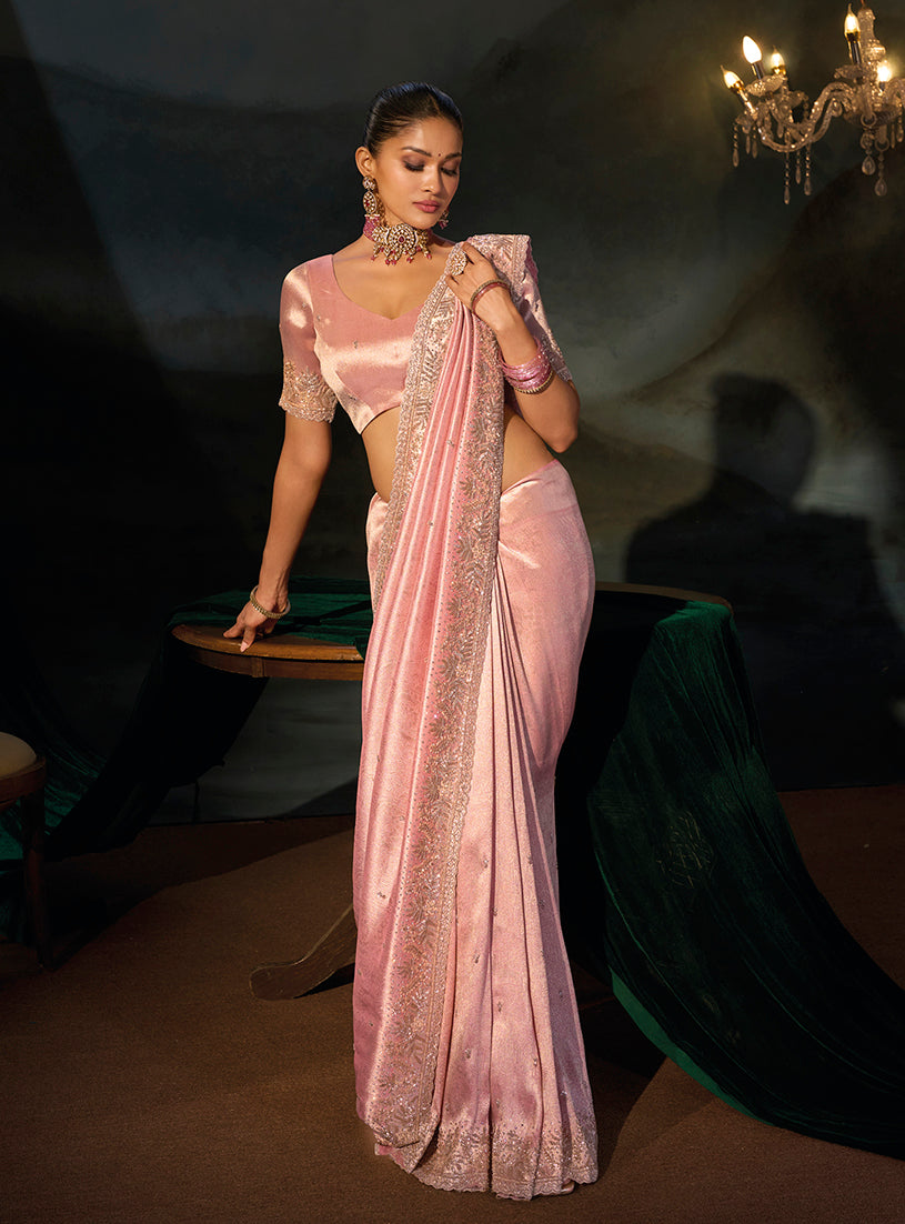 Pink Silk Blend Saree with Delicate Floral Border, side drape