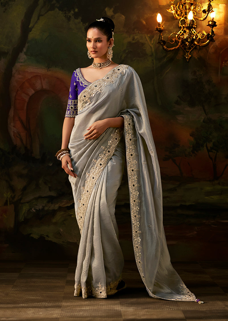 Gray Faux Tissue Saree with Embroidered Scalloped Border, front
