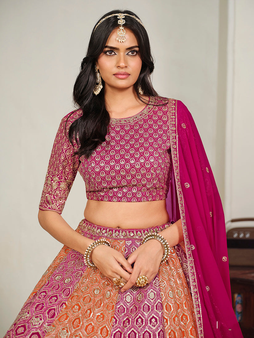 Rani Pink Georgette Embroidered Lehenga Choli, choli close-up