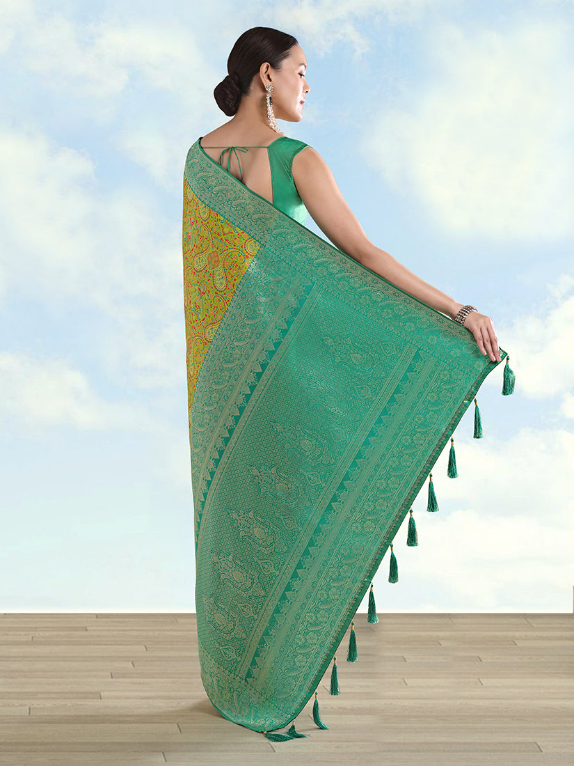 Lemon Green Banarasi-Style Silk Blend Saree with Paisley Weave, back with pallu