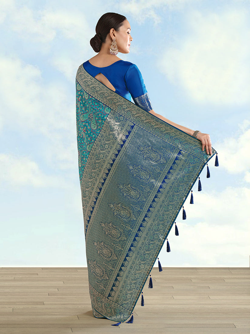 Turquoise Banarasi-Style Silk Blend Saree with Paisley Weave, back with pallu