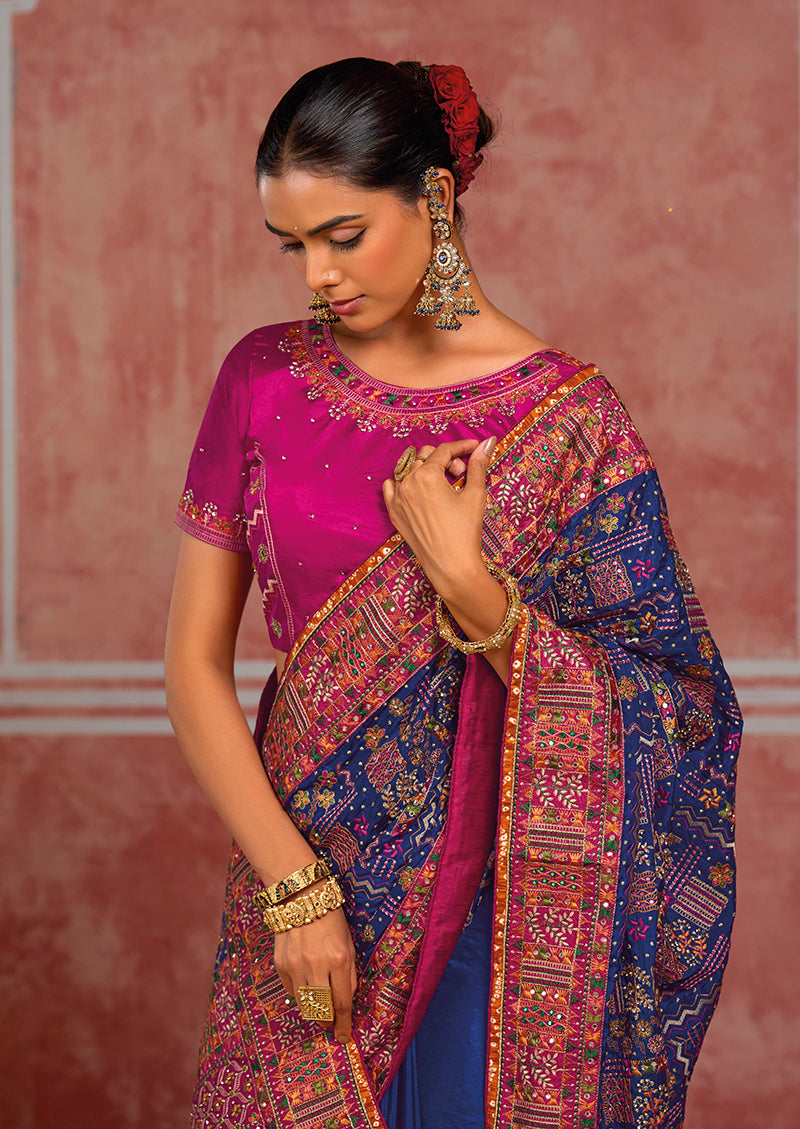 Royal Blue Silk Blend Saree with Ornate Border, pallu and border close-up