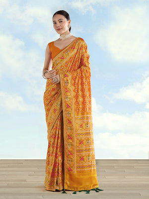 Mustard Patola-Style Satin Saree with Elephant Motifs