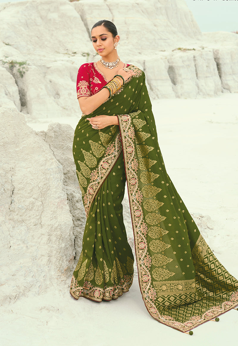 Mehendi Green Silk Blend Saree with Floral Border, front
