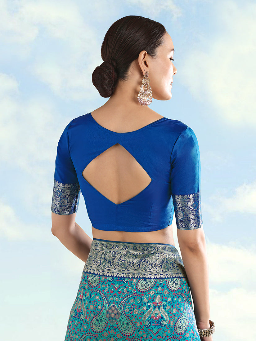 Turquoise Banarasi-Style Silk Blend Saree with Paisley Weave, blouse back