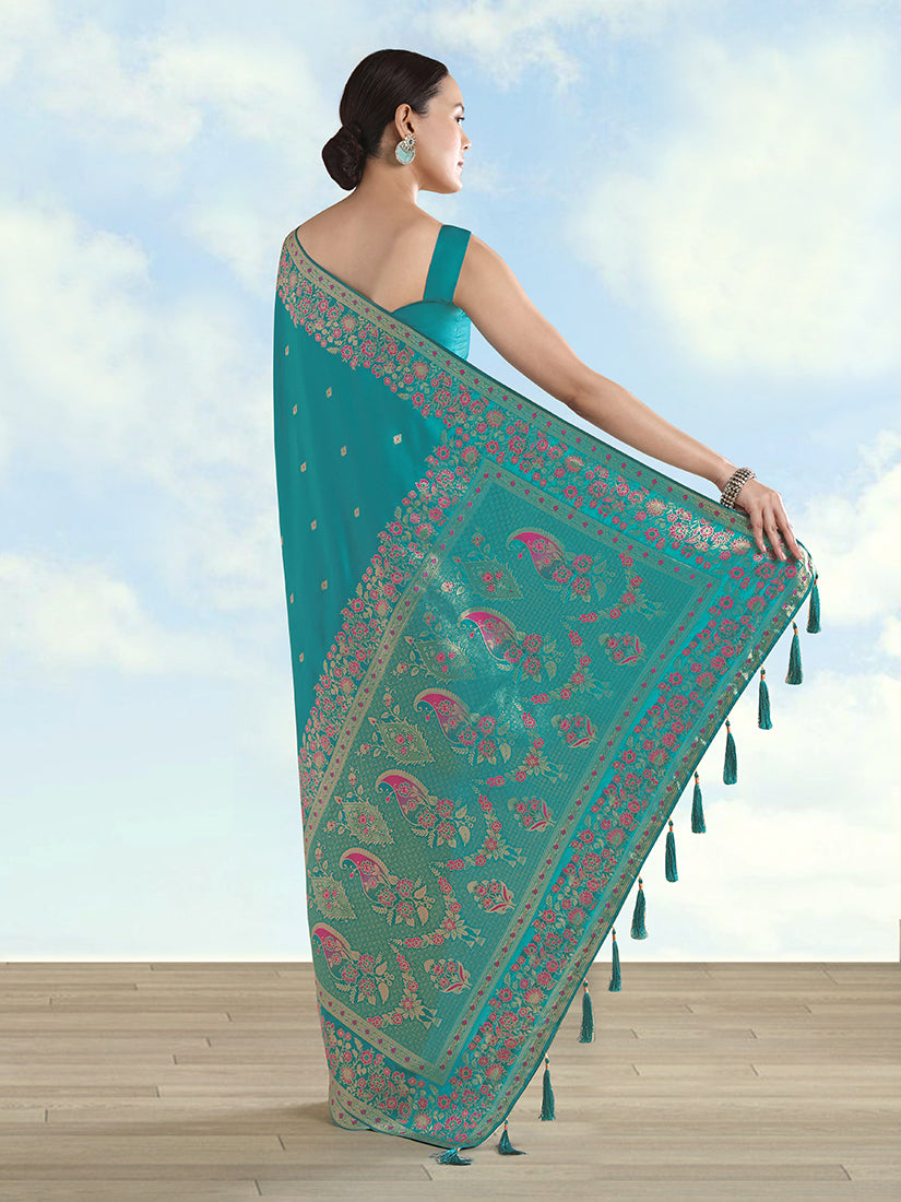 Turquoise Banarasi-Style Satin Saree with Peacock Pallu, back with pallu
