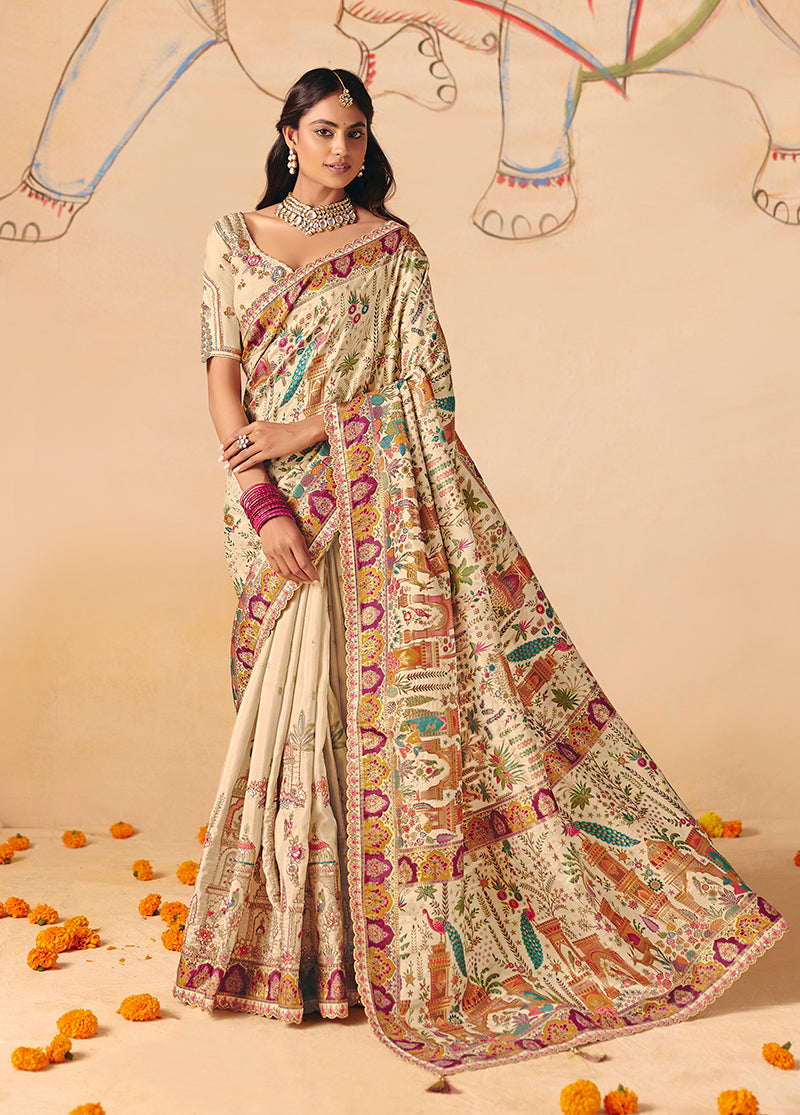Cream Silk Blend Saree with Scalloped Embroidered Border, front