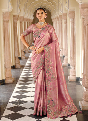 Light Pink Silk Blend Saree with Zari Embroidered Border
