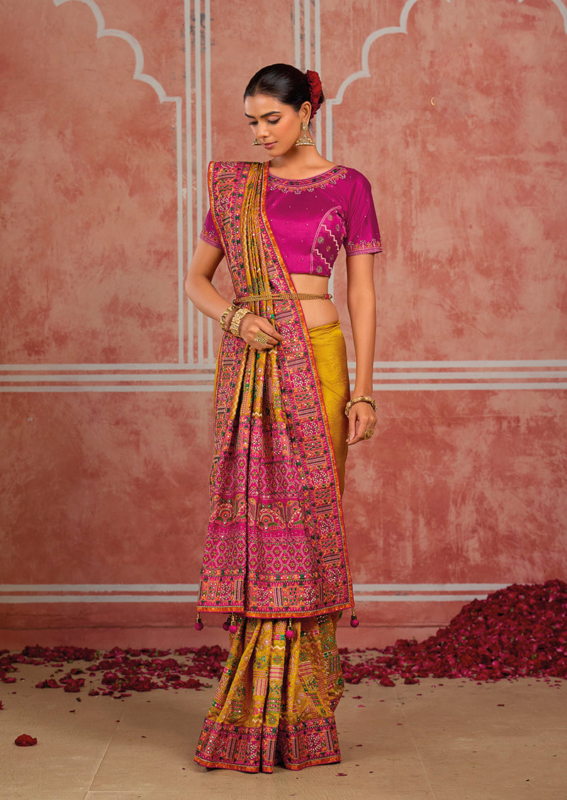 Mustard Silk Blend Saree with Striped Border, blouse embroidery close-up